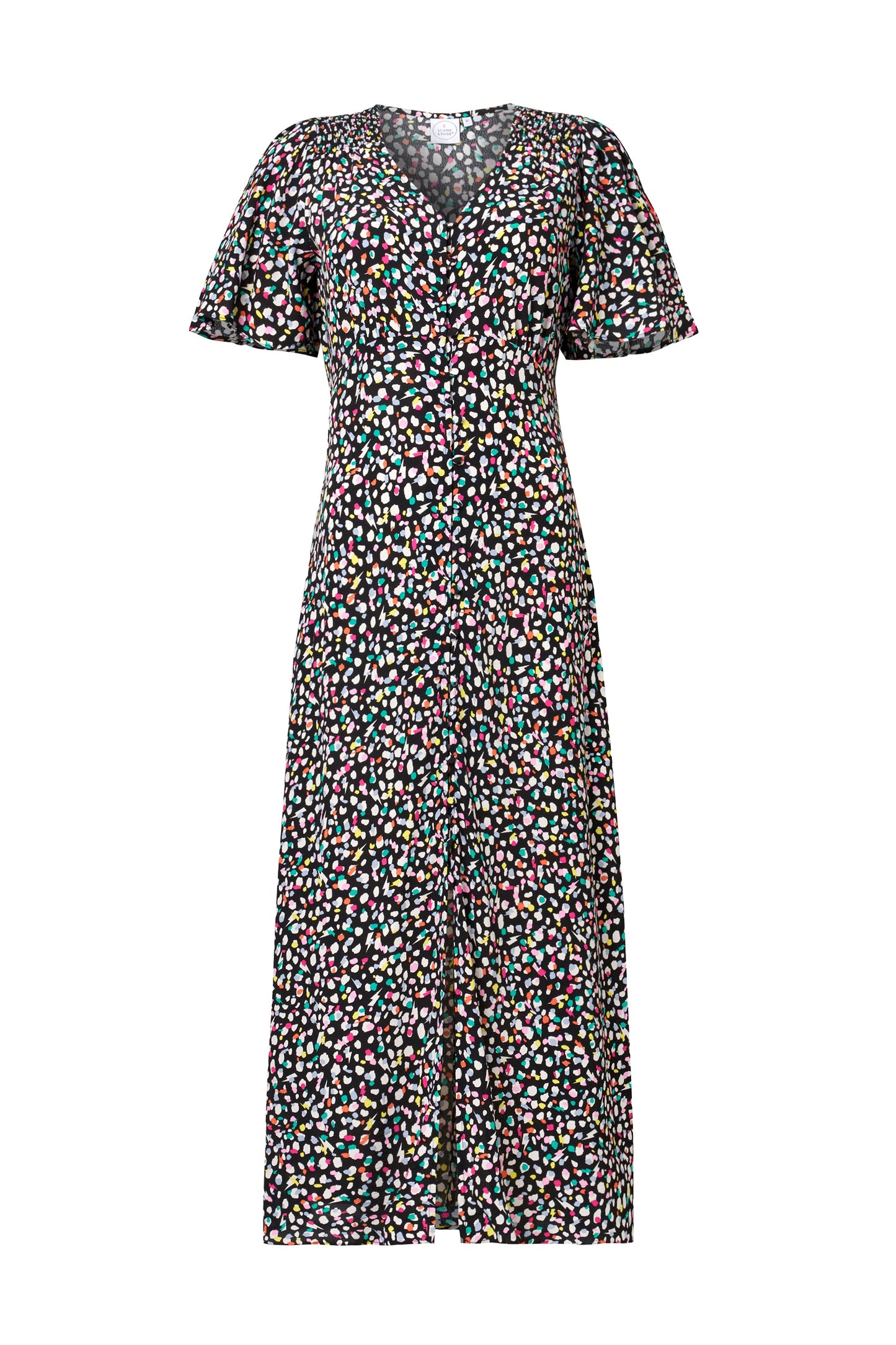 Black with Rainbow Confetti Angel Sleeve Midi Tea Dress
