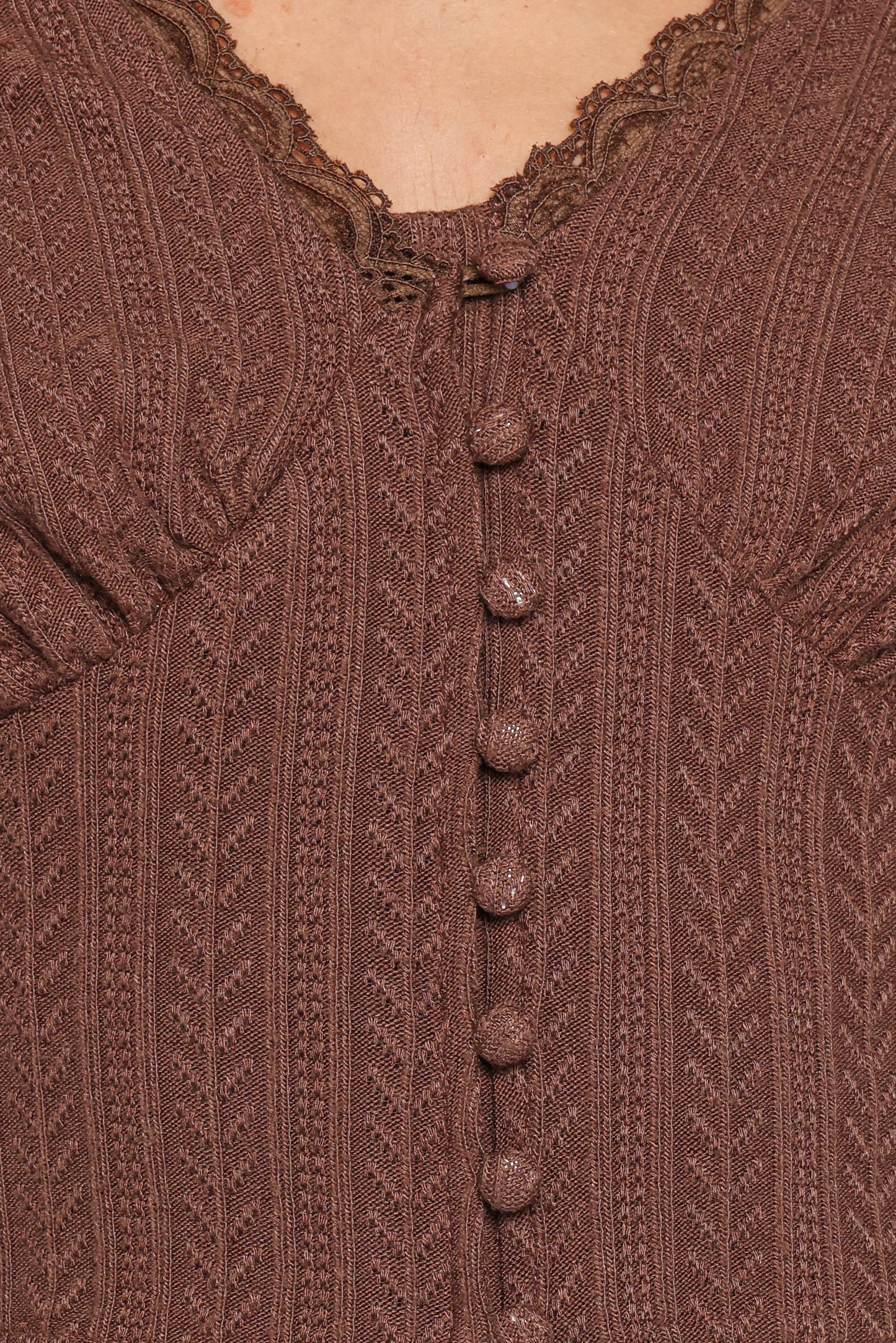 Leslie Long Sleeve Textured Button Front Top - Chocolate