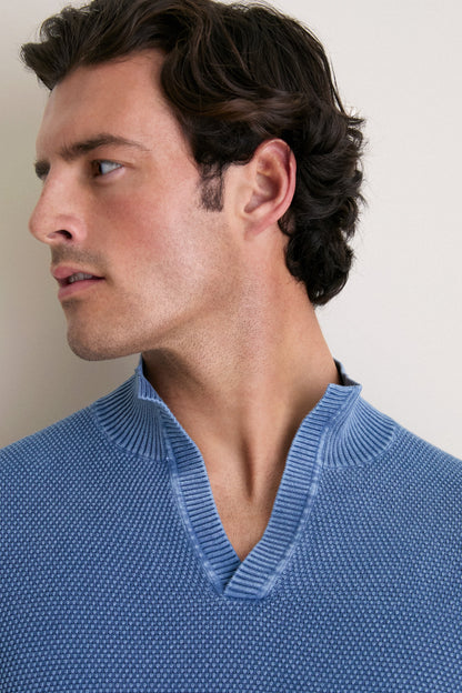 Chambray Blue Birdseye Cotton Split-Neck Sweater