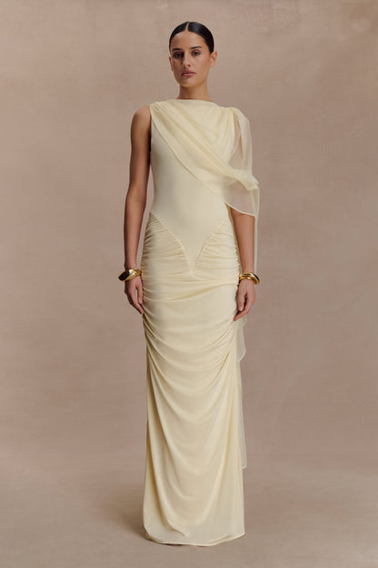 Amandine Ruched Slinky Maxi Dress - Lemon