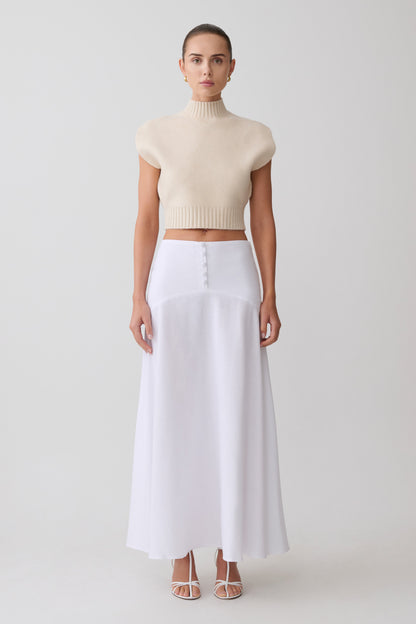 Selma Curved Waist Midi Skirt - White