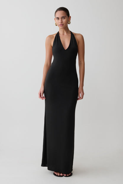 Hana Slinky Plunge Maxi Dress - Black