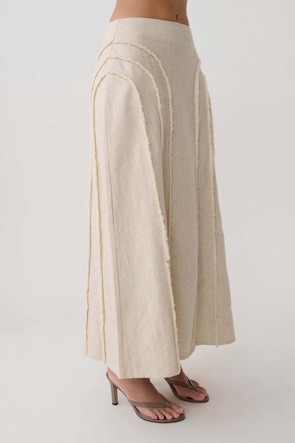 Annie Linen Frayed Midi Skirt - Natural