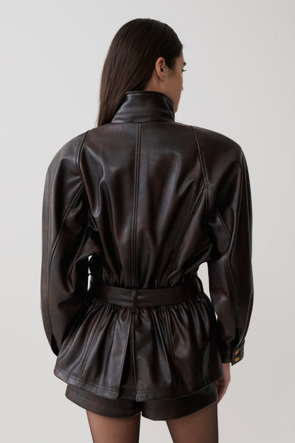 Adaline Faux Leather Cinch Waist Jacket - Dark Chocolate