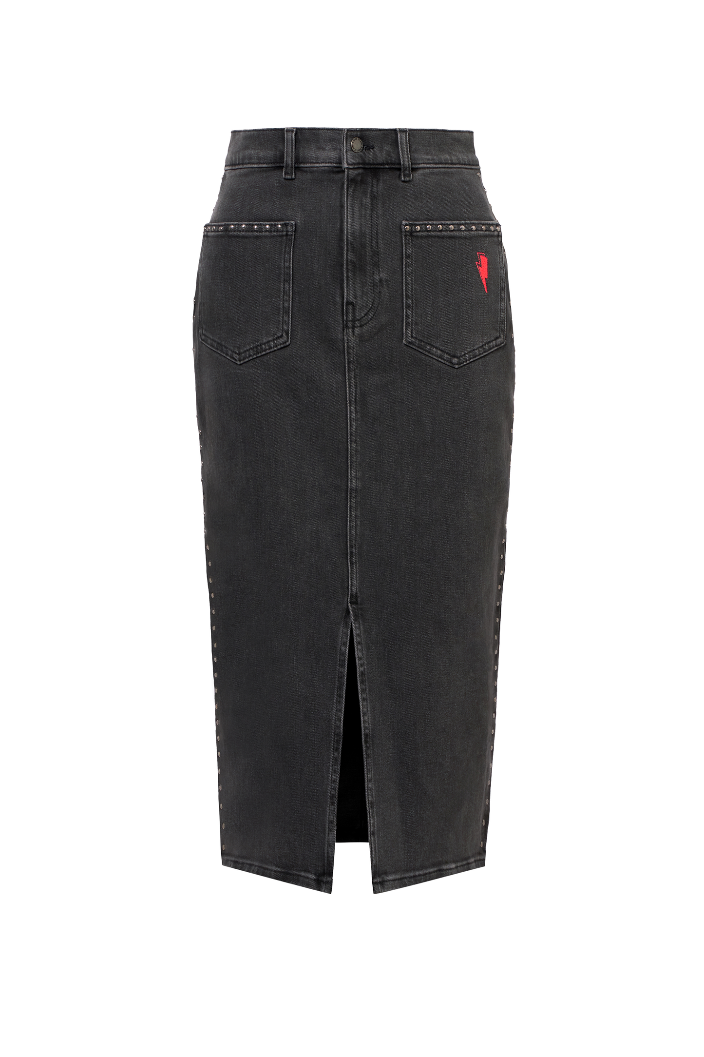 Washed Black Studded Denim Split Front Midi Skirt