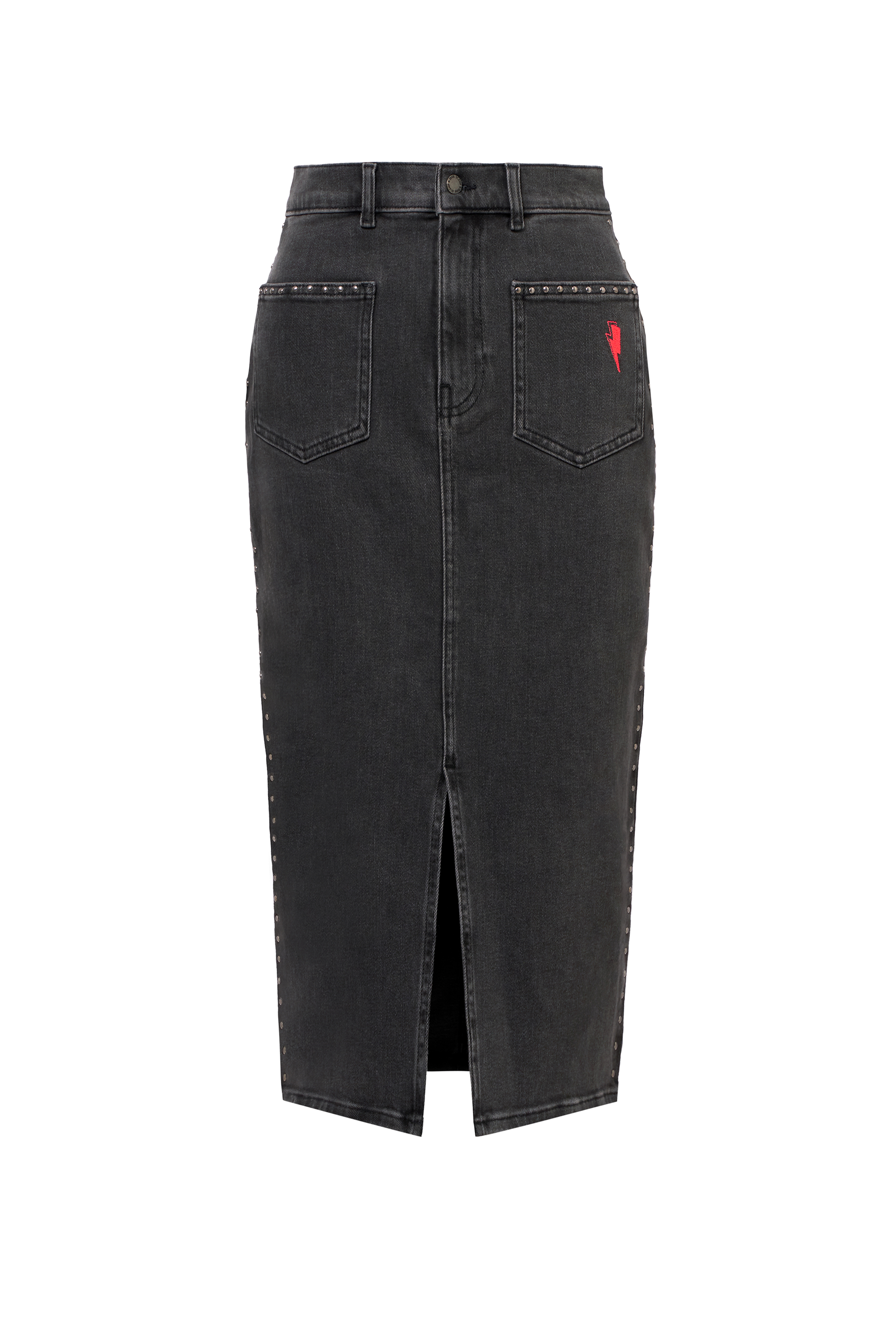 Washed Black Studded Denim Split Front Midi Skirt