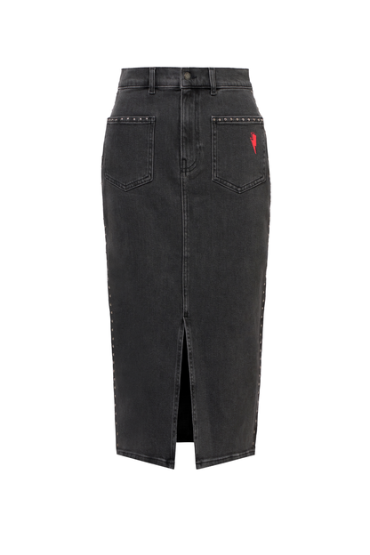 Washed Black Studded Denim Split Front Midi Skirt