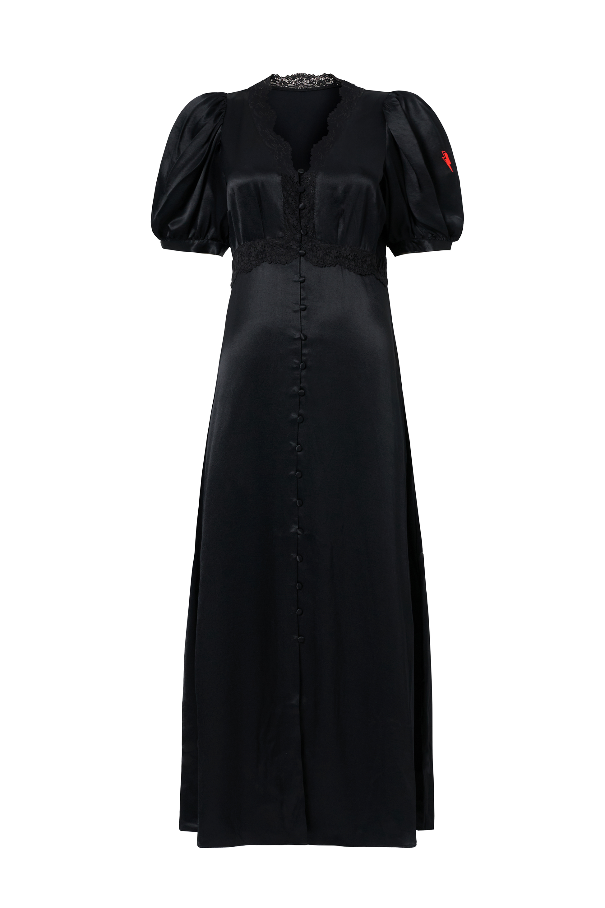 Black with Lace Trim Satin Puff Sleeve Midi Tea Dress