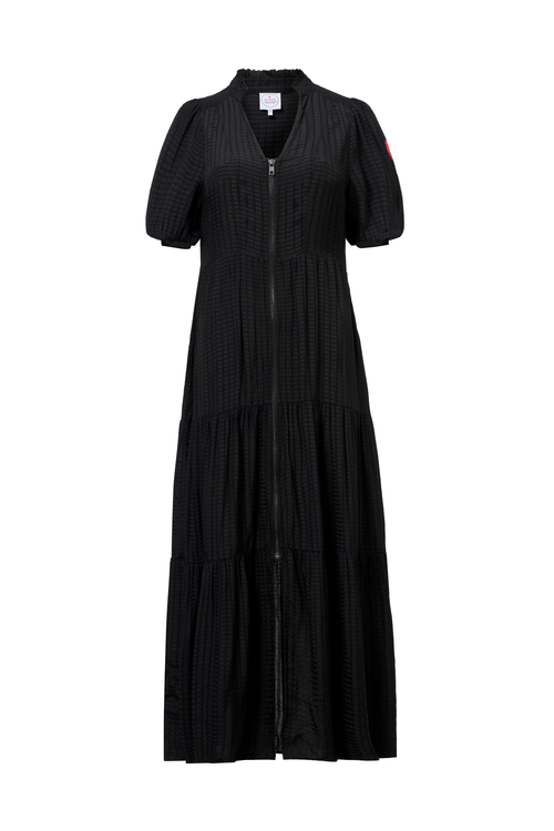 Black Textured Zip Detail Tiered Midi Dress