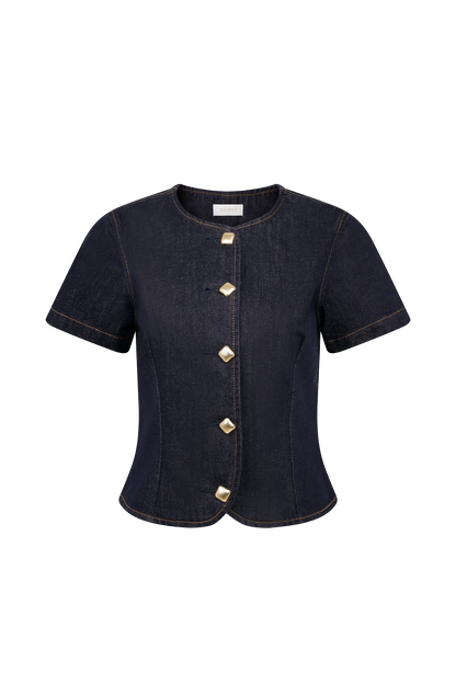 Bethany Short Sleeve Buttoned Denim Top - Washed Indigo Blue