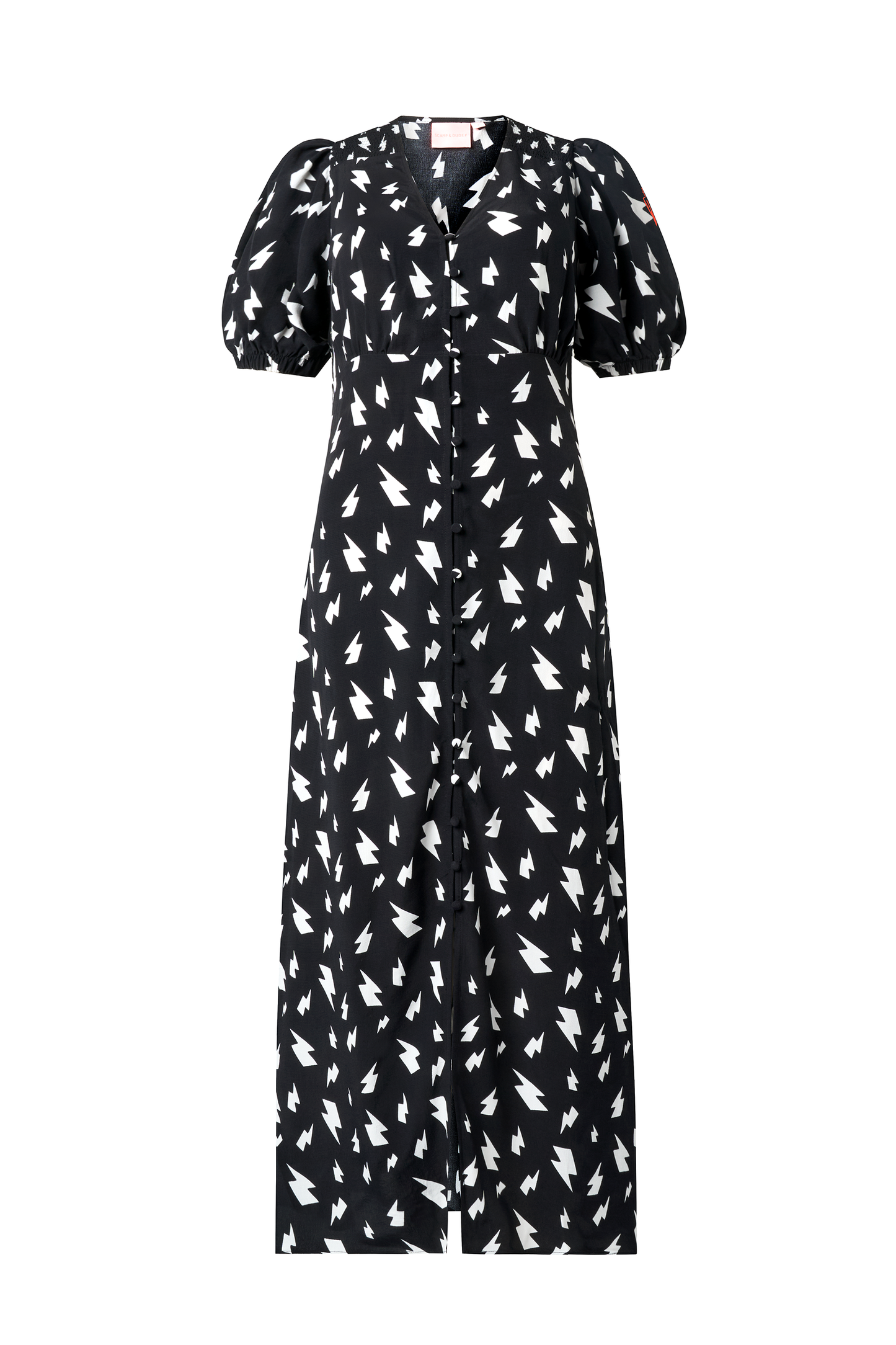 Black with White Lightning Bolt Blouson Sleeve Midi Tea Dress