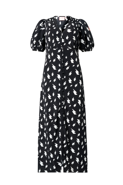 Black with White Lightning Bolt Blouson Sleeve Midi Tea Dress