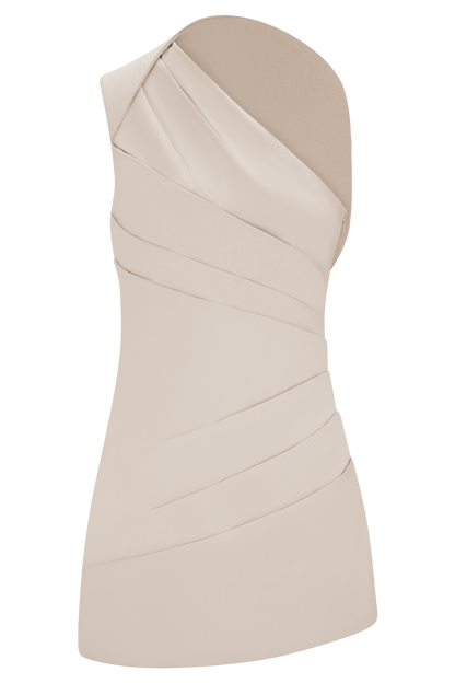 Helena One Shoulder Linen Mini Dress - Natural Beige