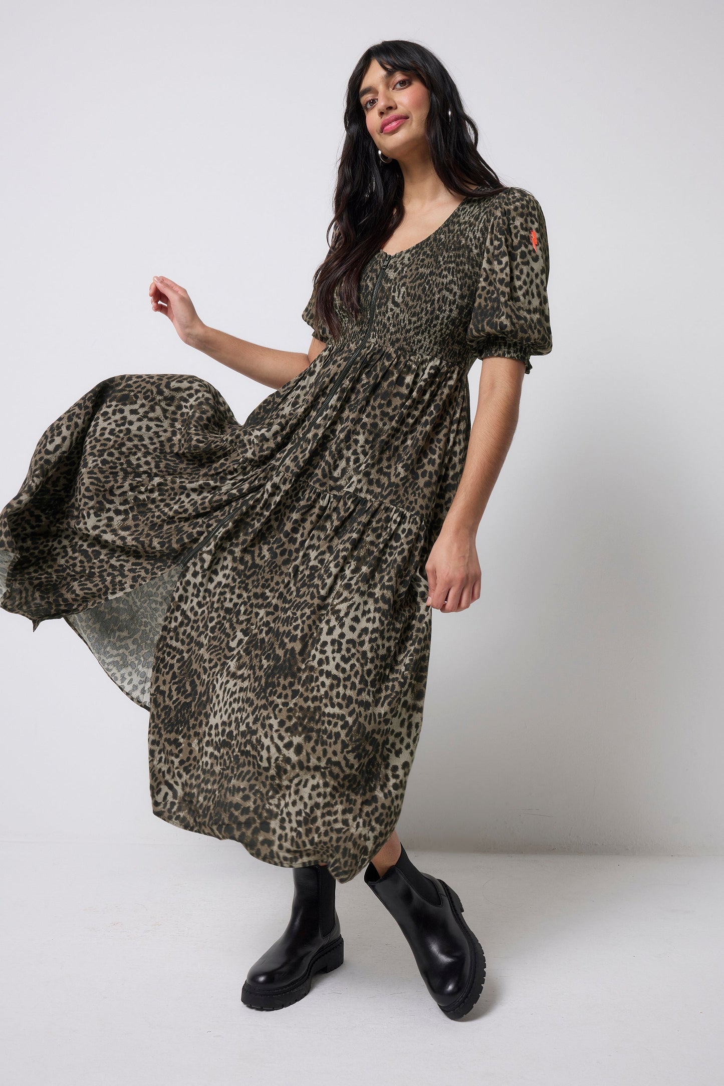 Khaki Cheetah Shirred Zip Detail Midi Dress