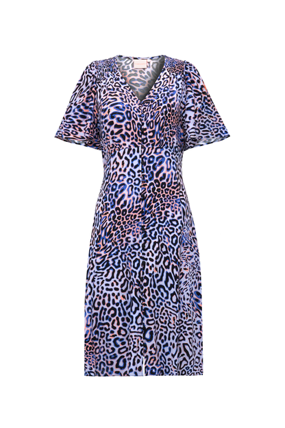 Lilac with Black and Pink Leopard Ray Angel Sleeve Short Tea Dress