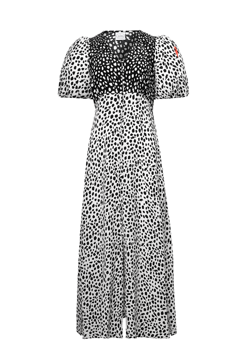 White with Black Mix Cheetah Puff Sleeve Midi Tea Dress