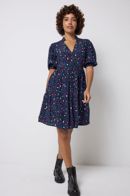 Navy with Rainbow Snow Leopard Zip Detail Tiered Short Dress