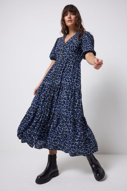 Navy Jaguar Zip Front Midi Tiered Dress