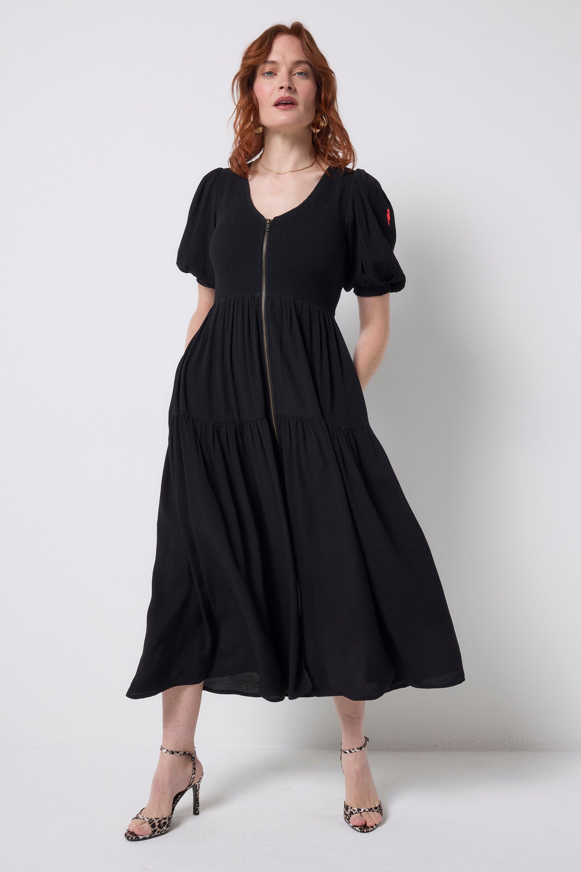 Black Shirred Zip Detail Midi Dress