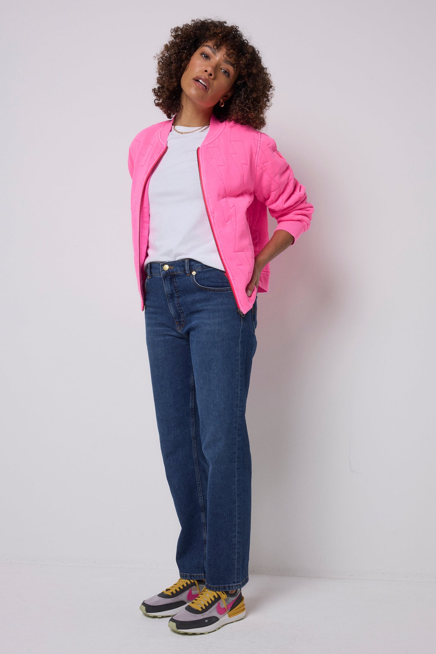 Neon Pink Lightning Bolt Fitted Quilted Bomber Jacket