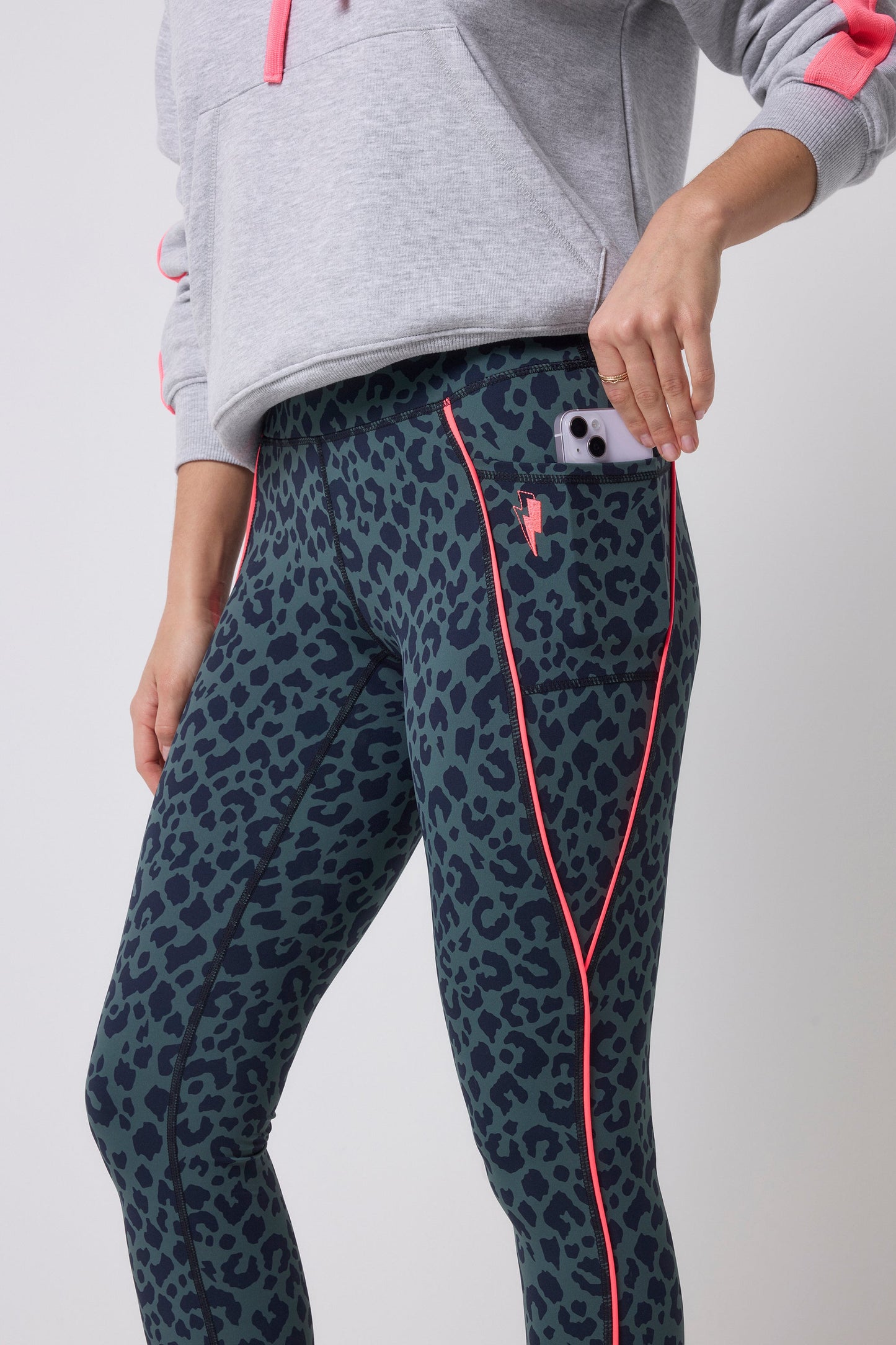 Khaki with Navy Candy Leopard 7/8 Length Active Leggings