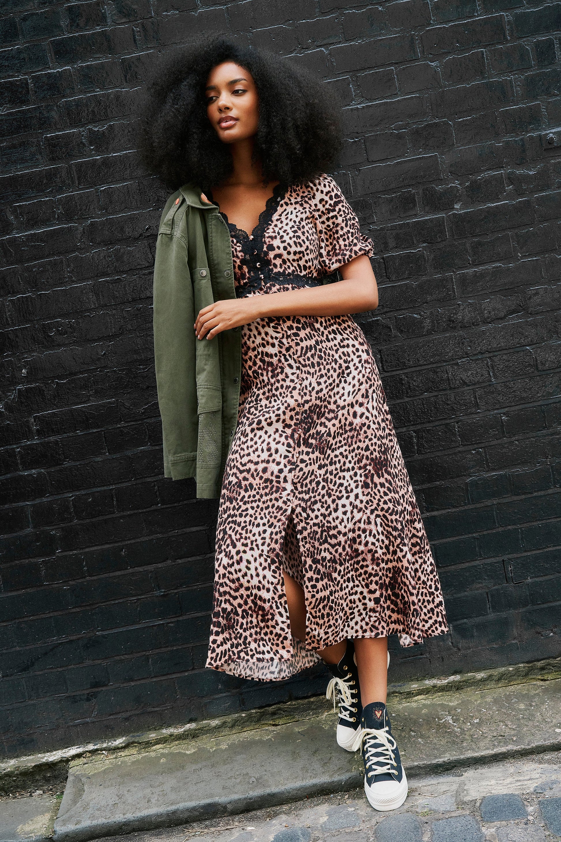 Neutral with Black Cheetah Lace Trim Puff Sleeve Midi Tea Dress