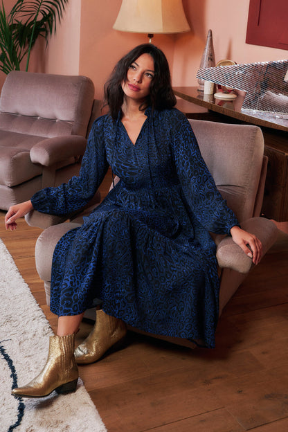 Navy Leopard Ray Blouson Sleeve Tie Front Midi Dress