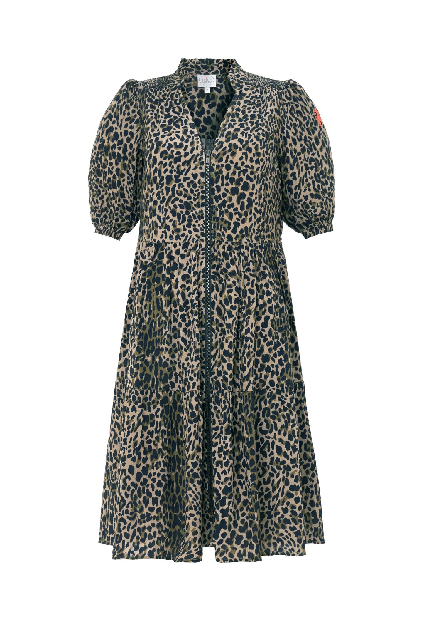 Khaki with Black Wild Leopard Zip Detail Tiered Short Dress