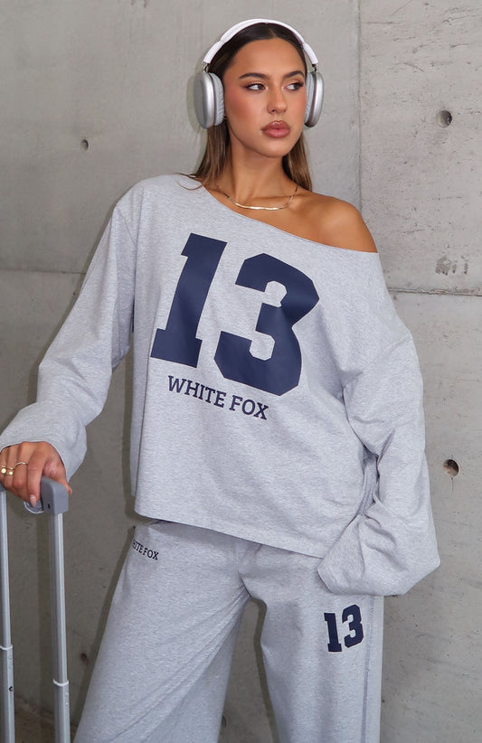 Only One Left Off Shoulder Oversized Long Sleeve Tee Grey Marle